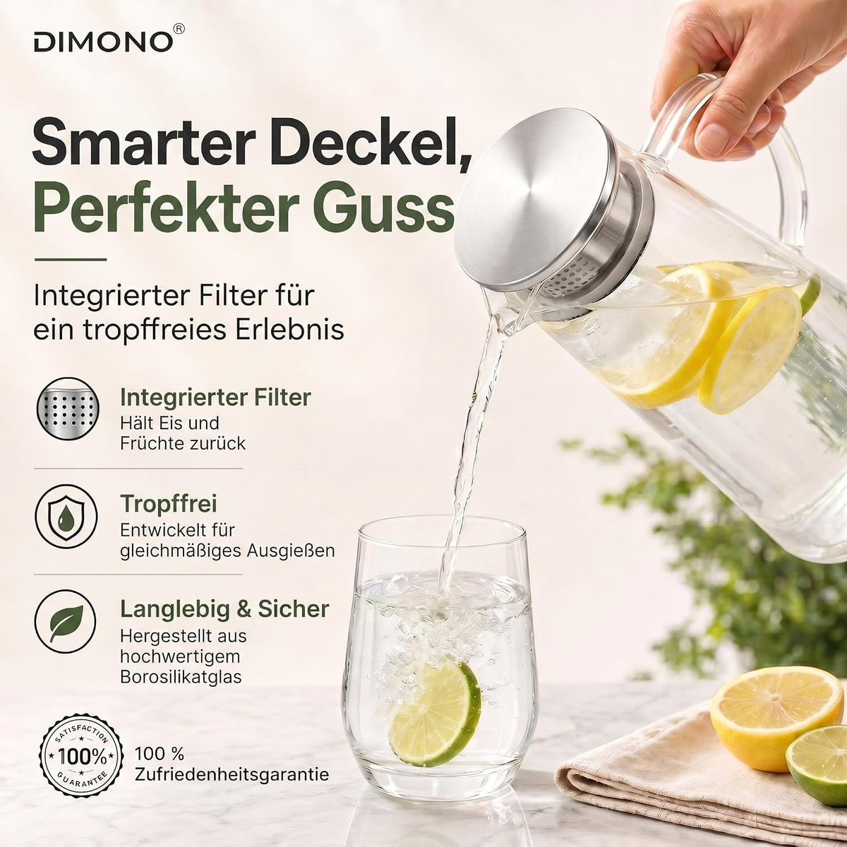 Dimono Glaskrug 1,5L mit Edelstahl-Filter – Hitzebeständige Karaffe