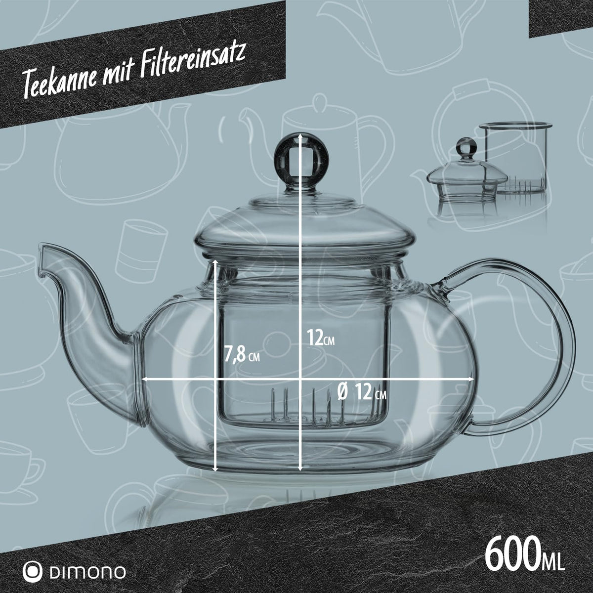 Dimono Teekanne 1500 ml aus Borosilikatglas mit feinem Teesieb