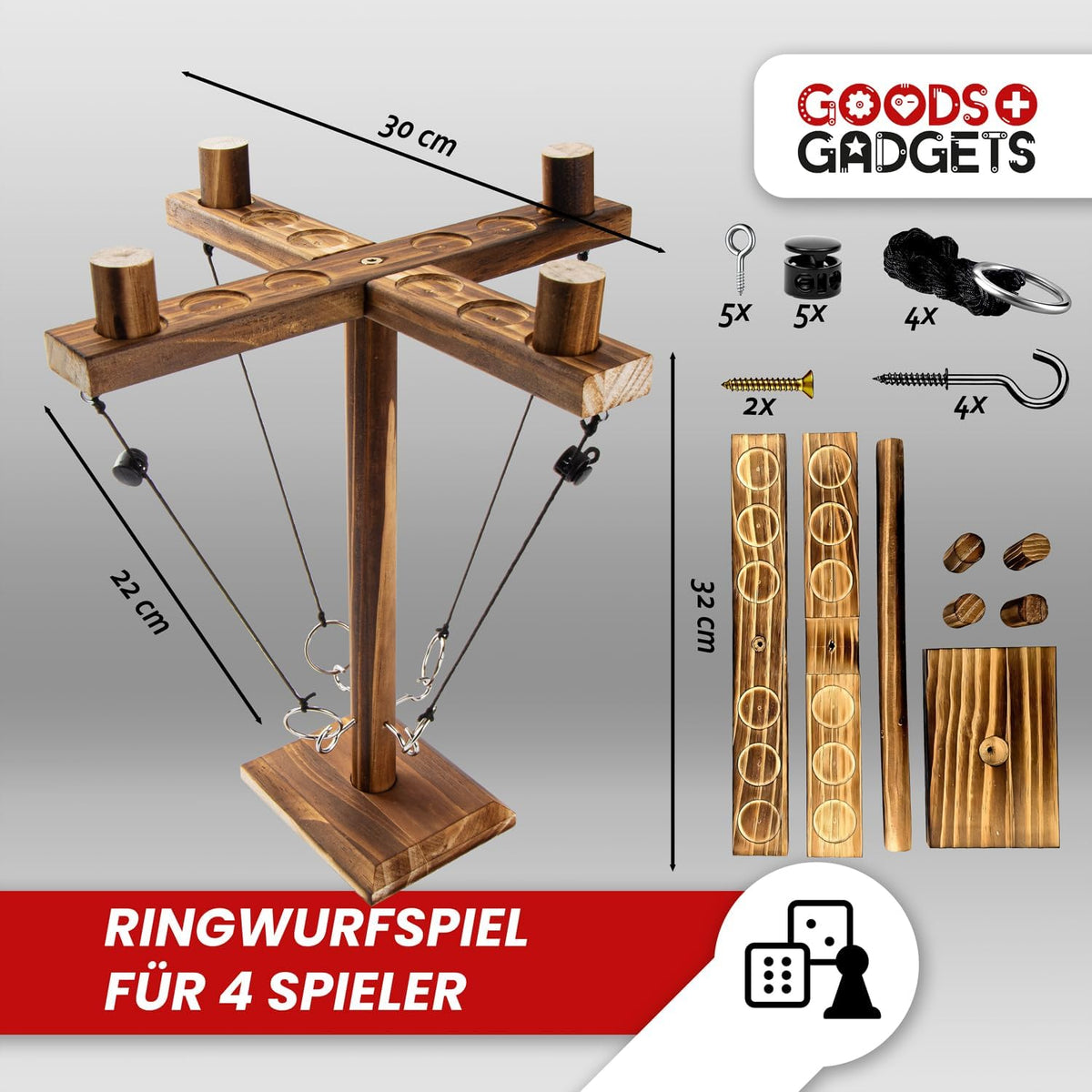 Ringwurf-Spiel Deluxe 2.0 aus Holz – Spannendes Party-Haken-Spiel #Variante_4 Spieler