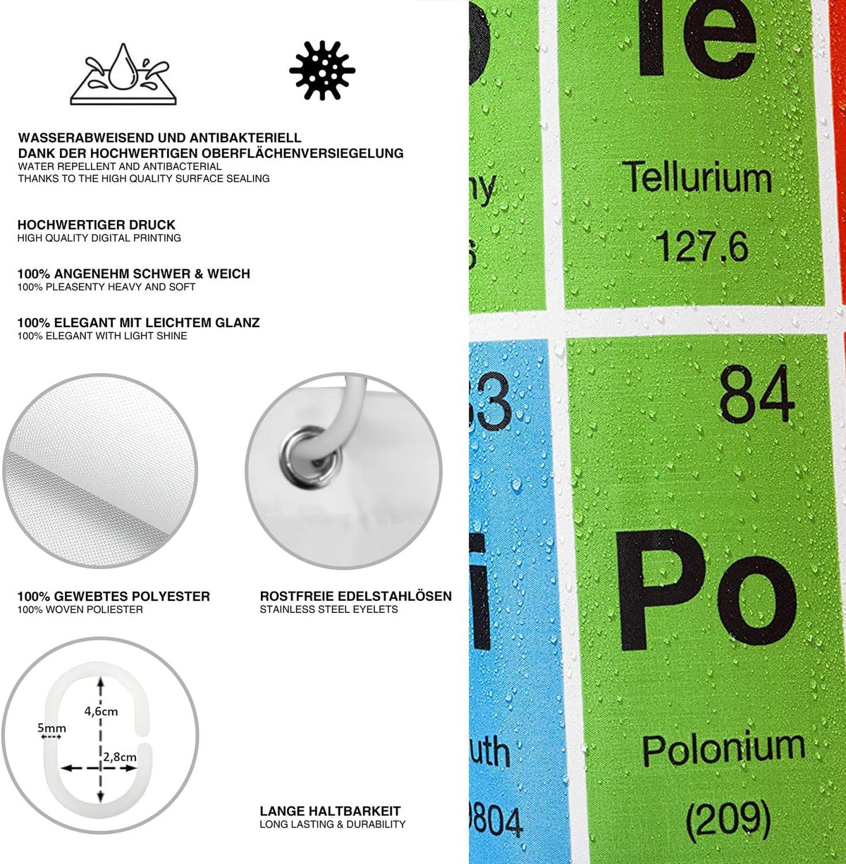 Duschvorhang Periodensystem 180x200cm - Wasserdicht & Waschbar