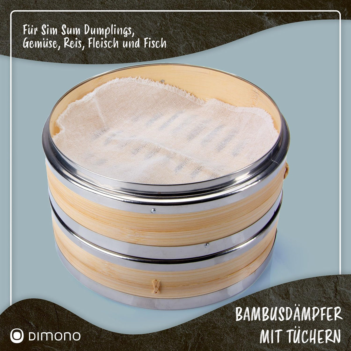 Bambus Dampfgarer 20cm - 2 Etagen Asia-Dampfkorb mit Edelstahl-Ring