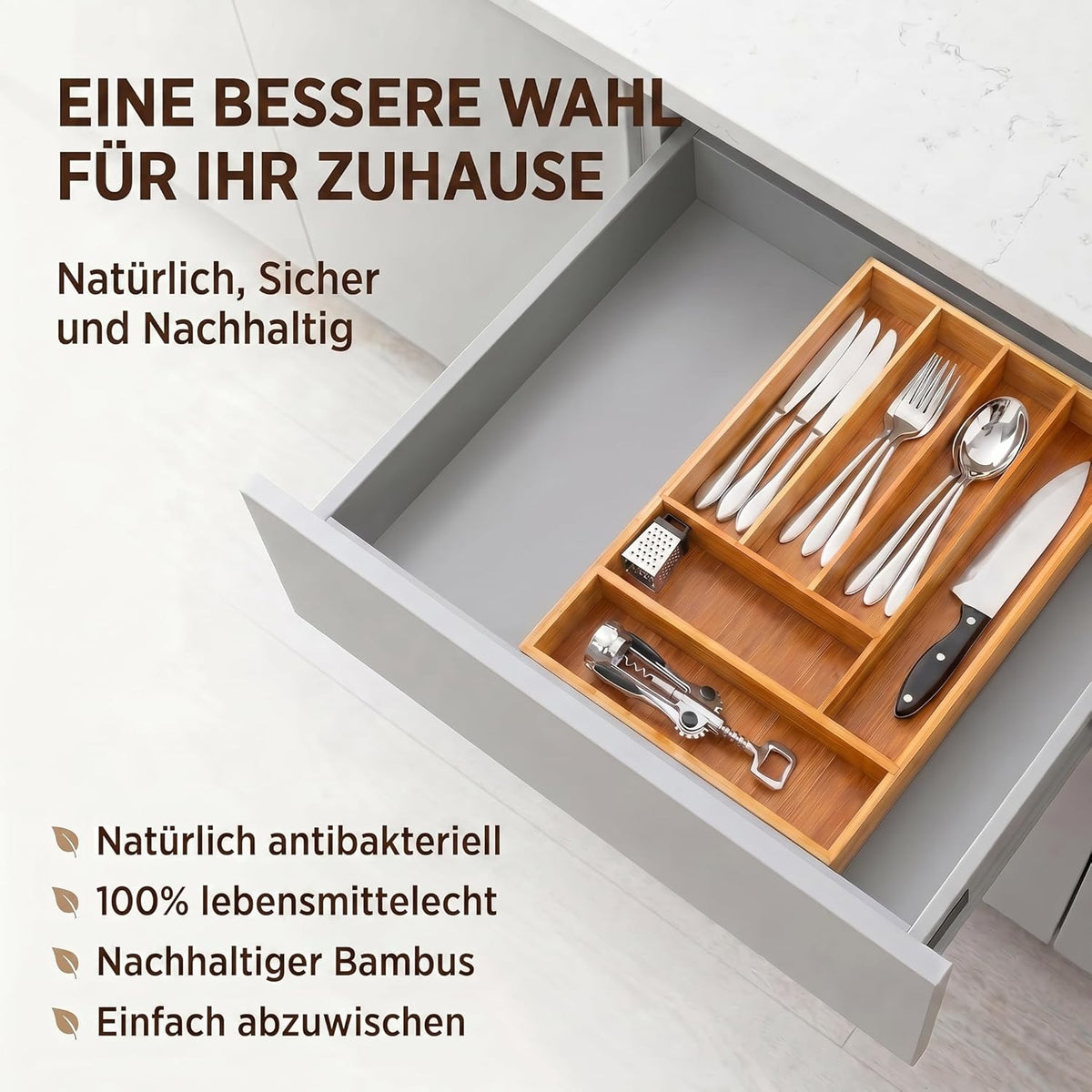 Ausziehbarer Bambus Besteckeinsatz – Variabler Besteckkasten