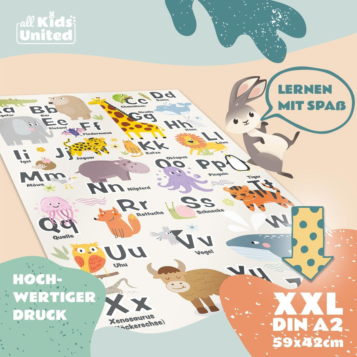 ABC-Kinderposter - Liebevolles Lernposter mit Tieren - 42x60 cm