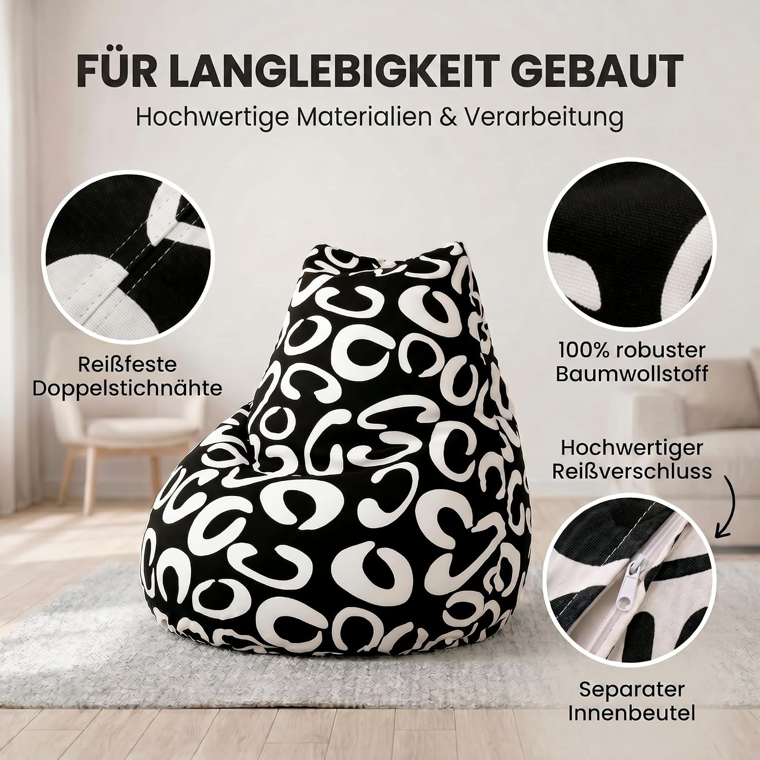 SMOOTHY Sitzsack XXL – Beany Lounge Chair für Erwachsene – Schwarz