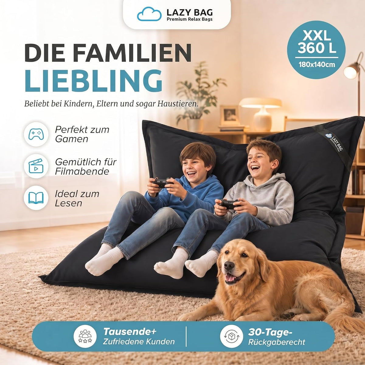 LazyBag XXL Sitzsack 180x140 cm aus Baumwolle – 400L Komfort