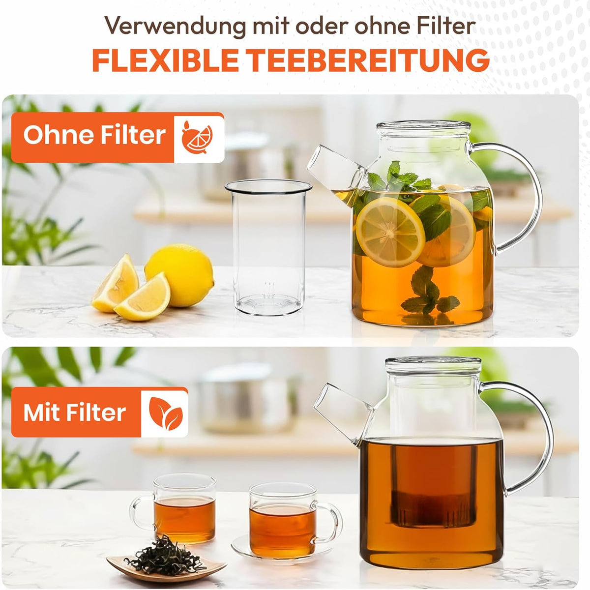 Dimono XXL Teekanne 1500ml - Mundgeblasene Glasteekanne mit Sieb
