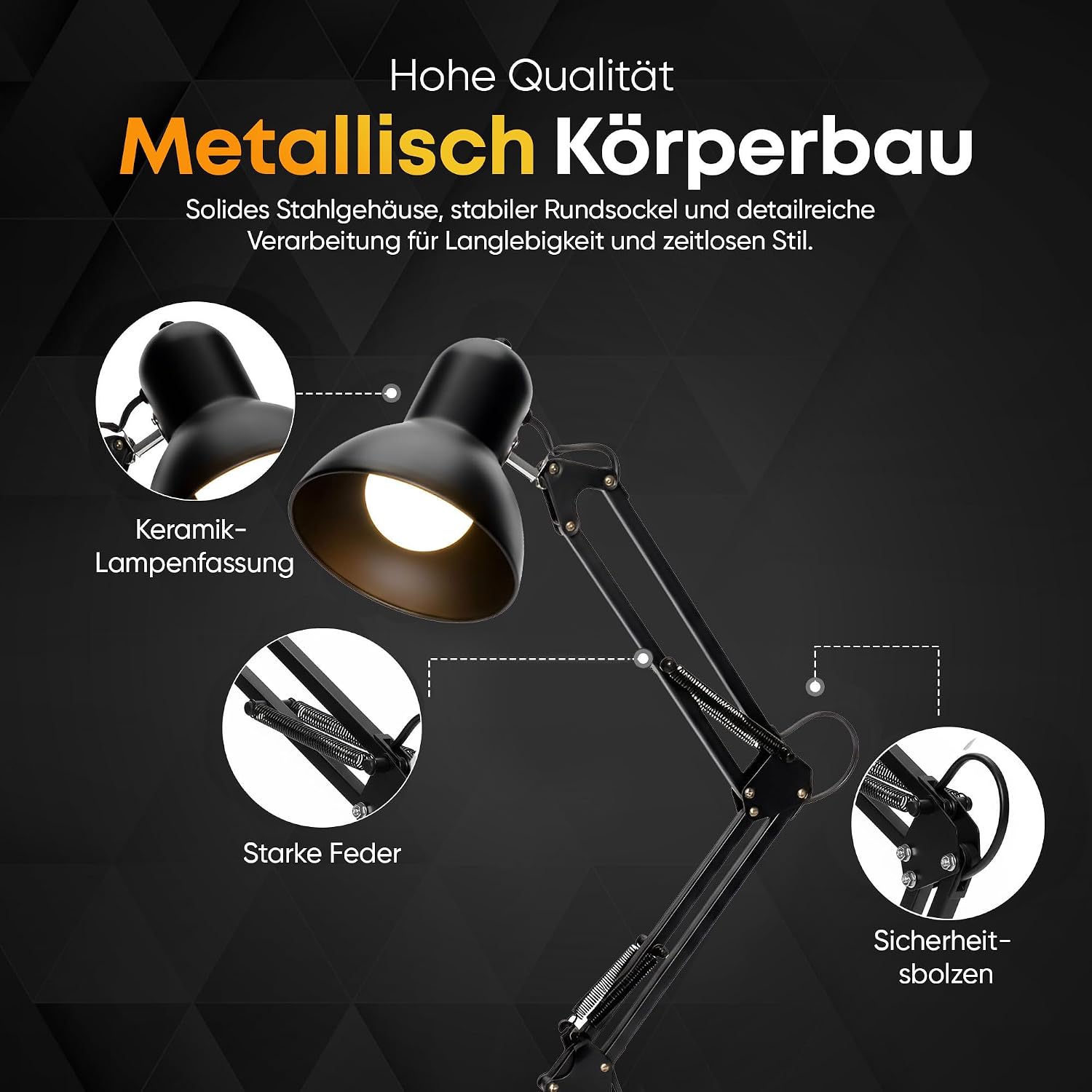Retro Schreibtischlampe - Vintage Arbeitslampe mit Gelenk-Arm & LED #Farbe_Schwarz