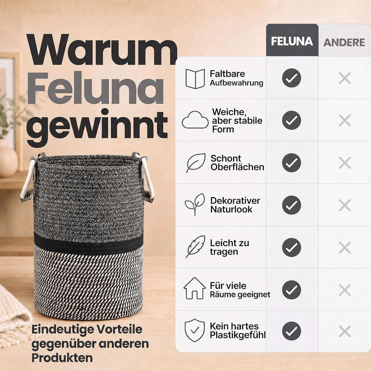Feluna Aufbewahrungskorb XXL - Stabiler Deko-Korb aus Leinen-Mix