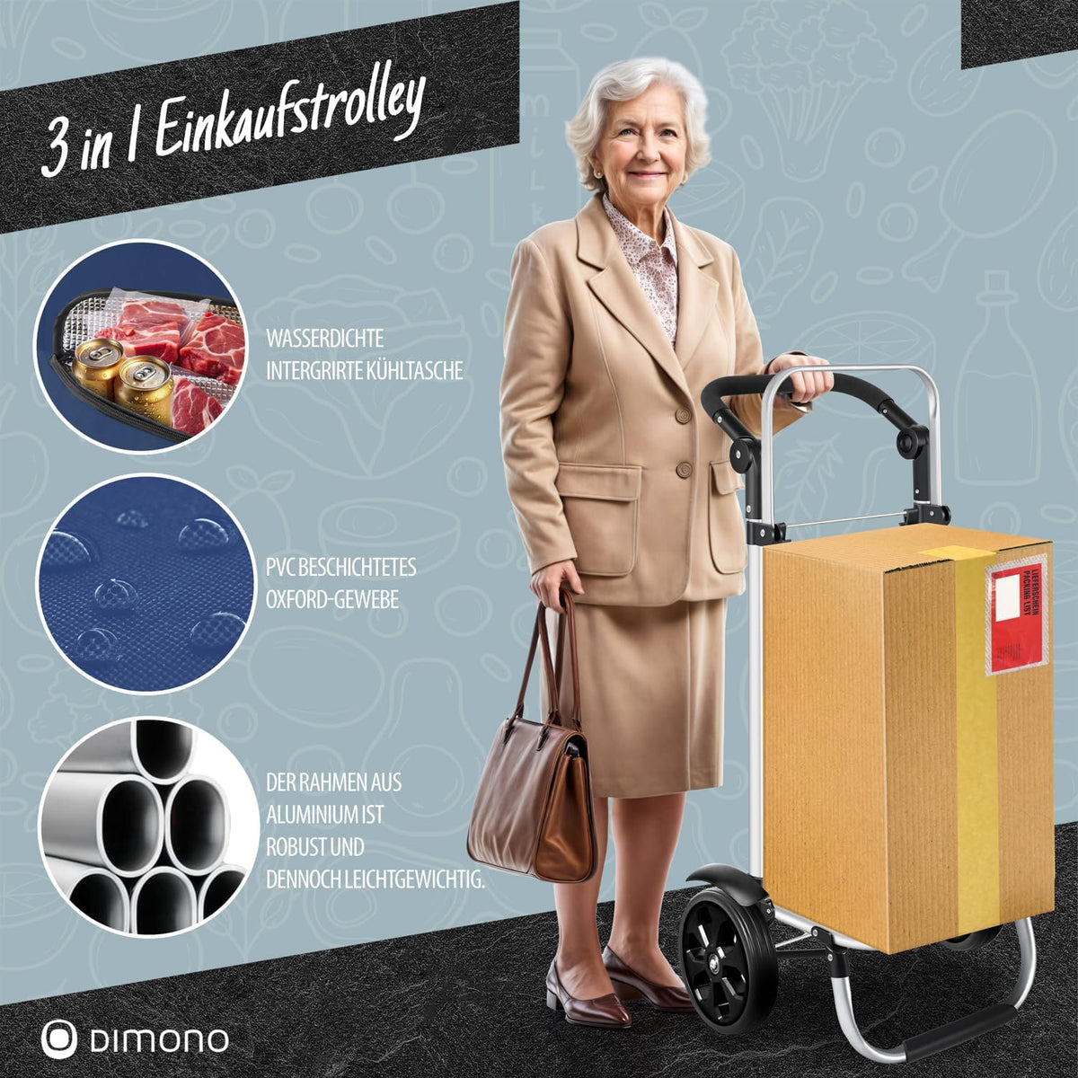 3in1 Einkaufstrolley klappbar 56L – Transportwagen mit Kühlfach