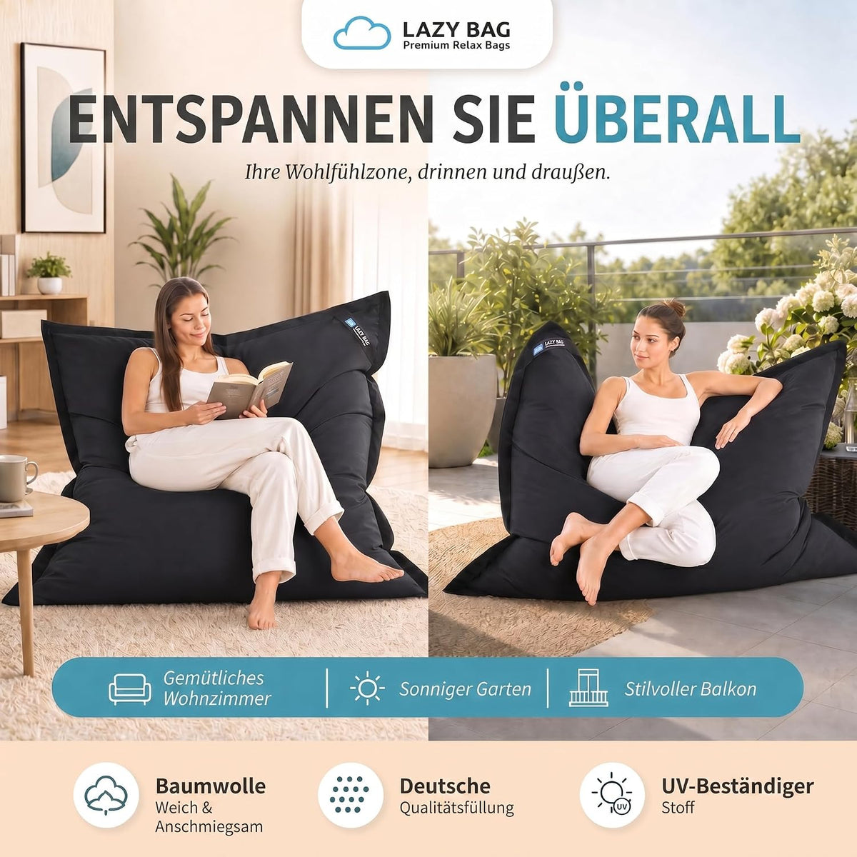 LazyBag XXL Sitzsack 180x140 cm aus Baumwolle – 400L Komfort
