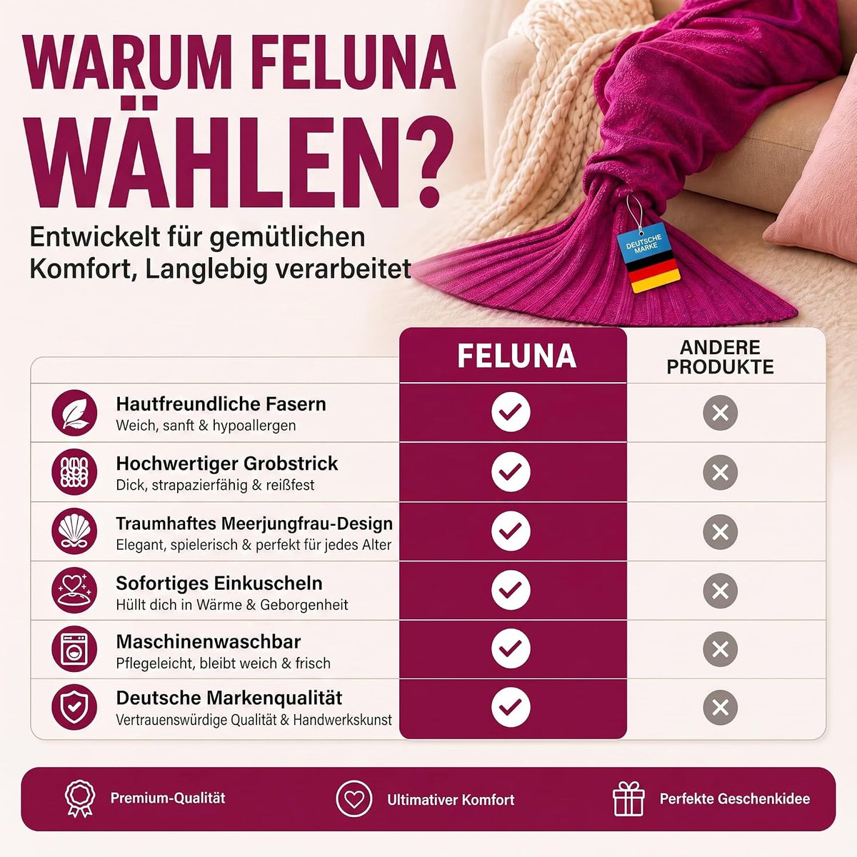 Feluna Meerjungfrau Kuscheldecke – 180x85 cm – Weiche Strickdecke