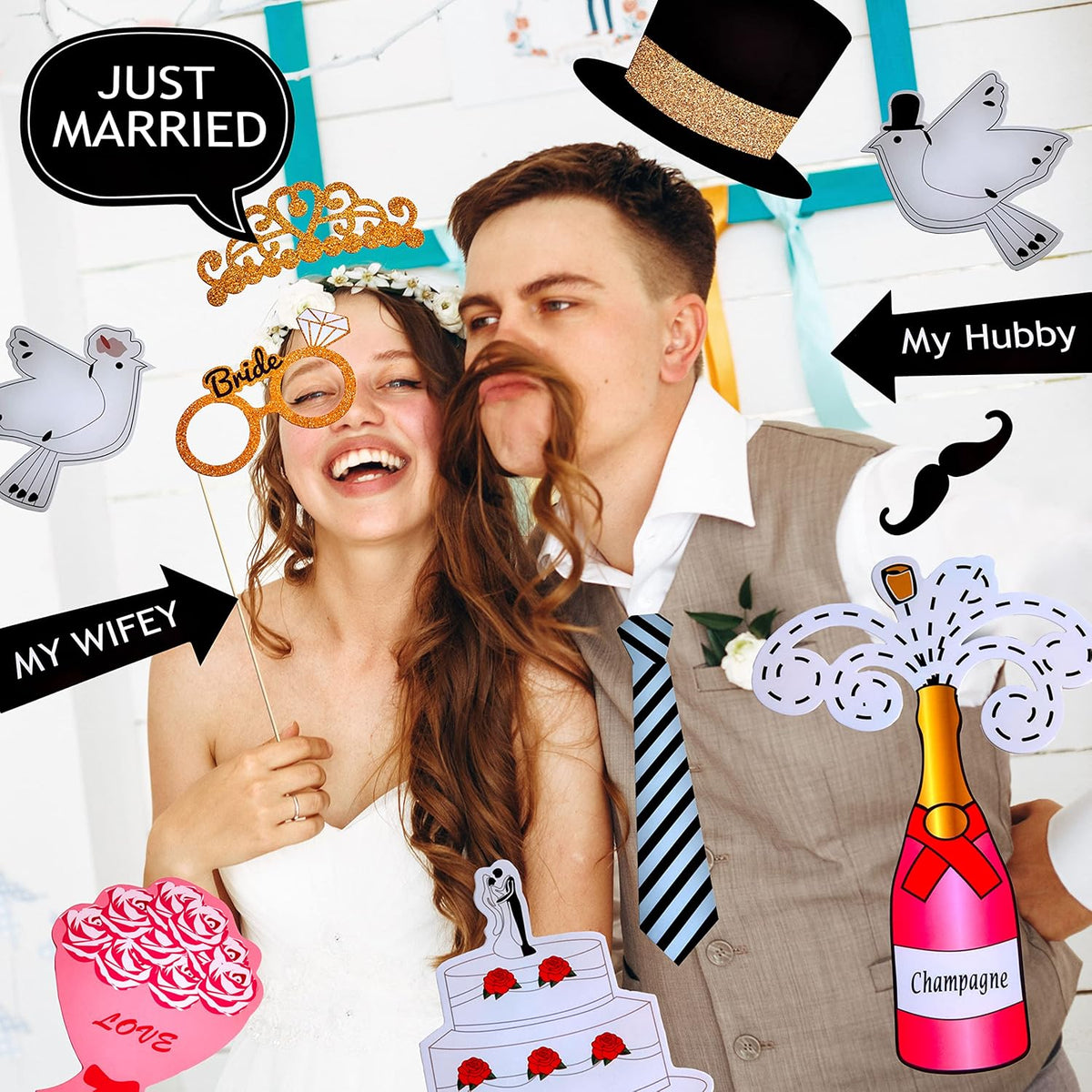 Fotobox Requisiten Hochzeit - 53-tlg. Foto-Set für Party & Selfie