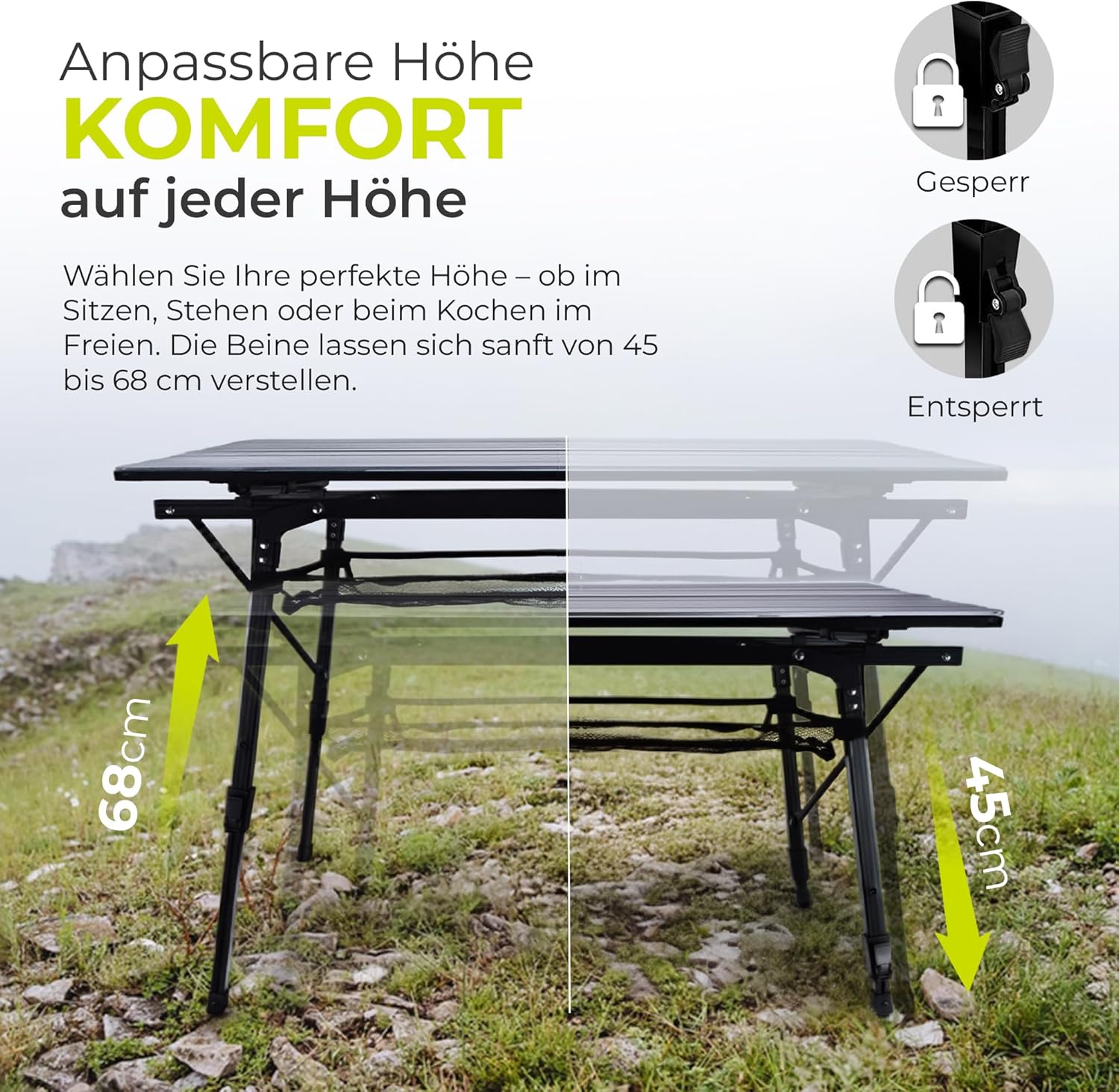 Faltbarer Campingtisch aus Aluminium mit Rollplatte & Tasche