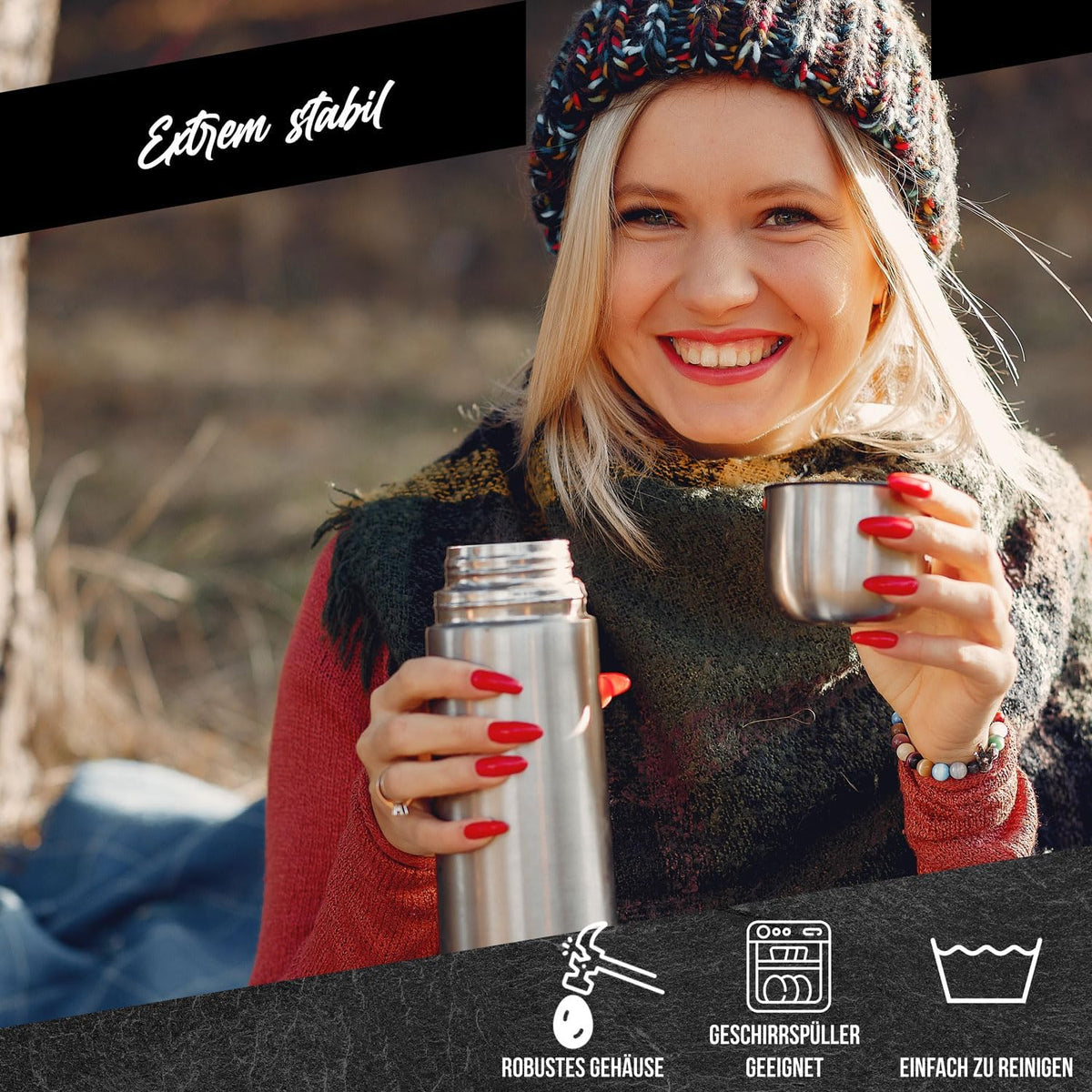 Edelstahl Thermoskanne 1L - Auslaufsichere Isolierflasche 12h heiß