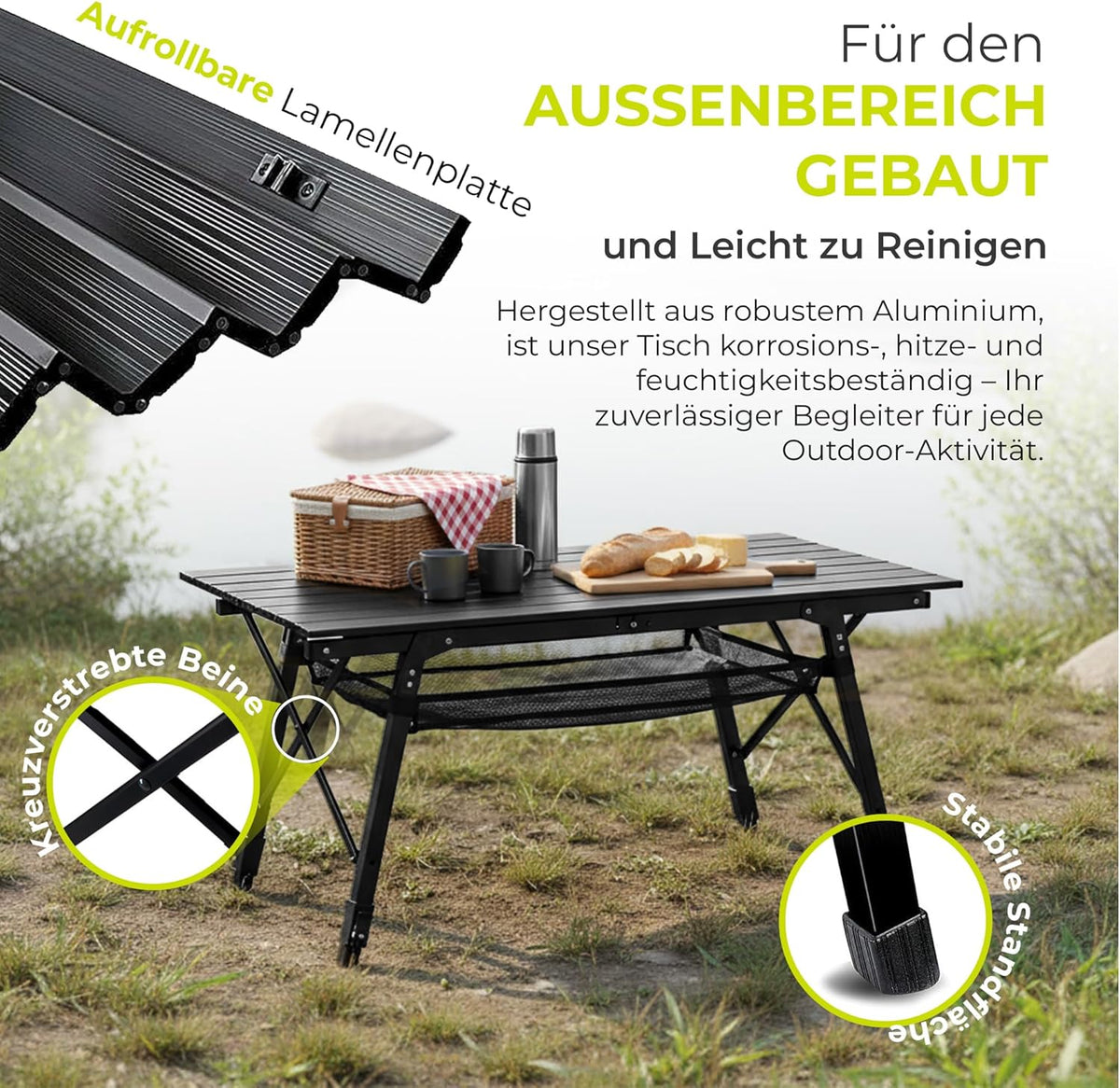 Faltbarer Campingtisch aus Aluminium mit Rollplatte & Tasche