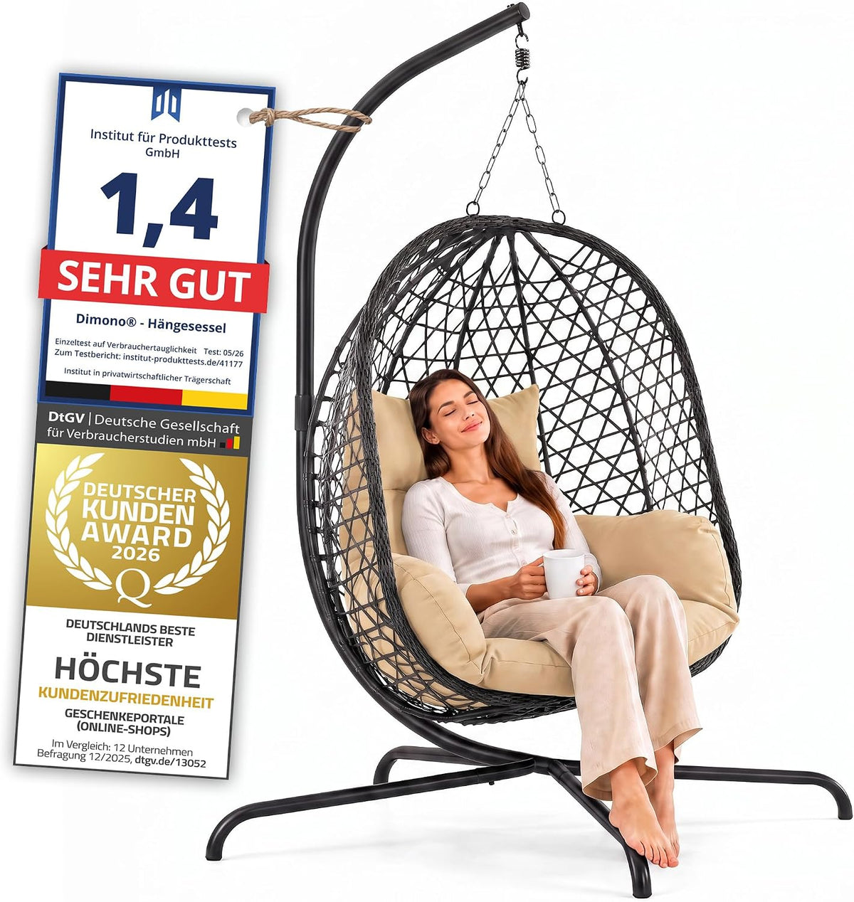 Schwebeliege mit Gestell - Freischwingender Hängesessel aus Rattan