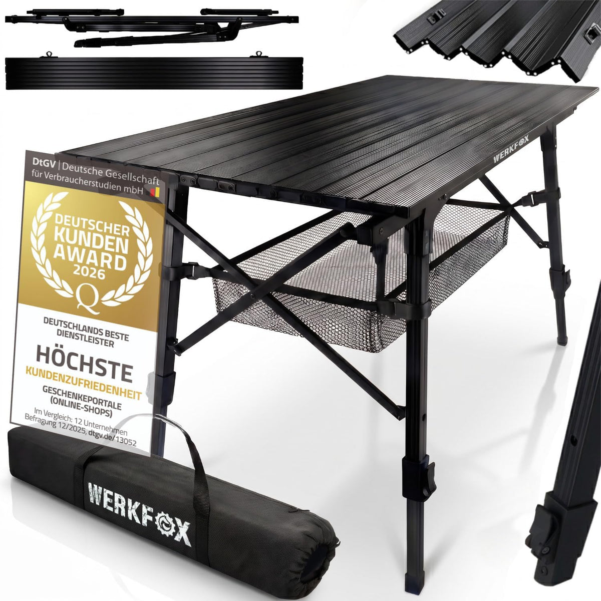Faltbarer Campingtisch aus Aluminium mit Rollplatte & Tasche