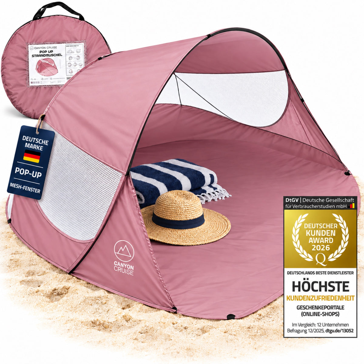 Canyon Cruise Pop-up Strandmuschel Rosa mit Tragetasche – offene Frontansicht, Deutsche Marke und DtGV Kunden Award 2026 #Farbe_Pink