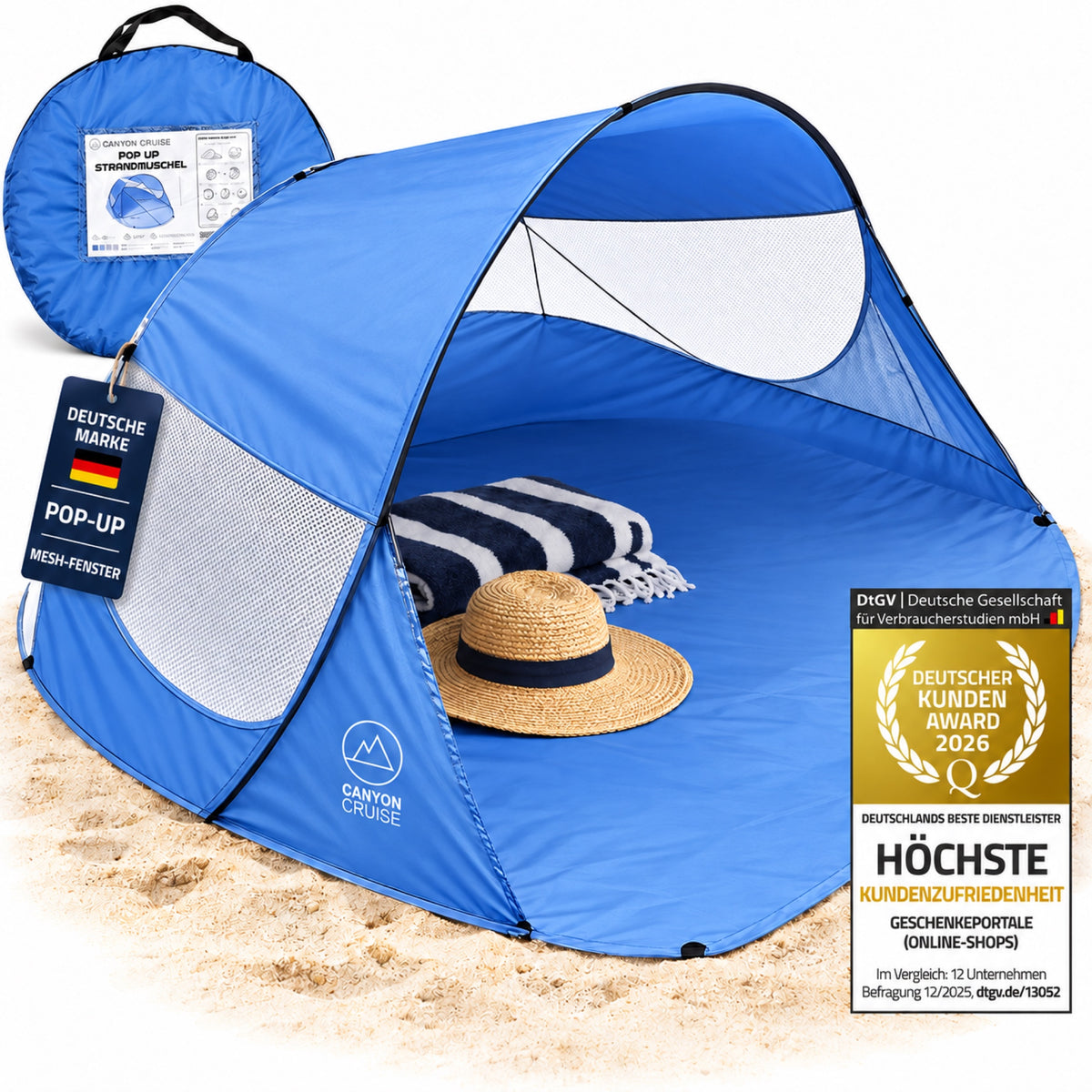Canyon Cruise Pop-up Strandmuschel Blau mit Tragetasche – offene Frontansicht, Deutsche Marke und DtGV Kunden Award 2026 #Farbe_Blau
