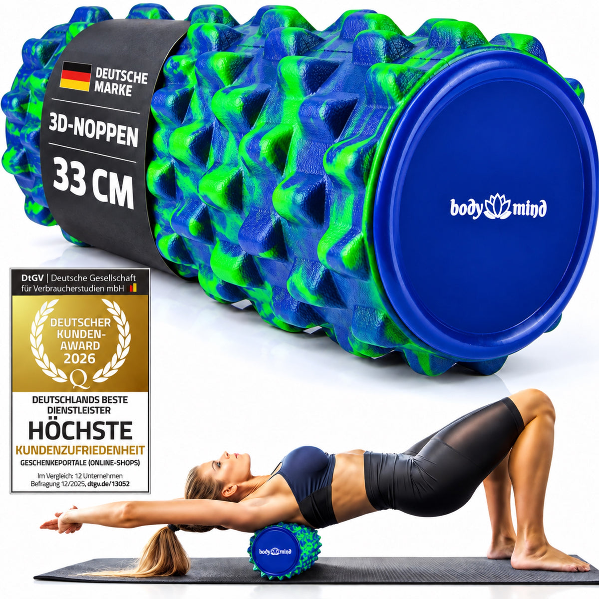 Body & Mind Faszienrolle Blau-Grün mit 3D-Noppen, Anwendungsbeispiel und Deutscher Kunden Award 2026 #Farbe_Blau-Grün