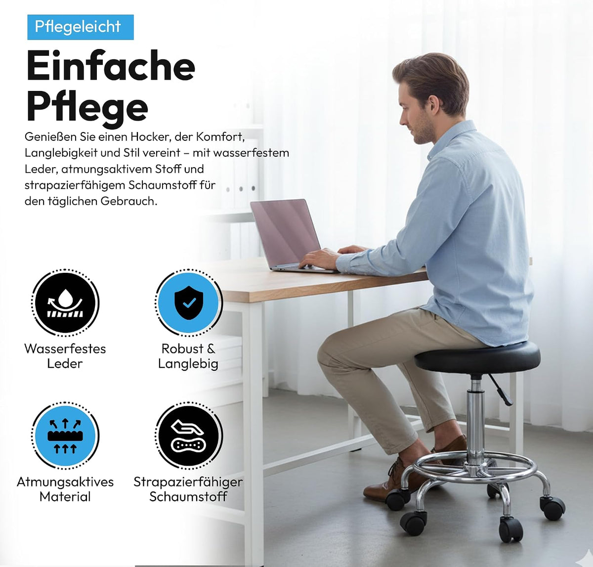 Ergonomischer Rollhocker - Drehbarer Arbeitshocker für Büro & Praxis