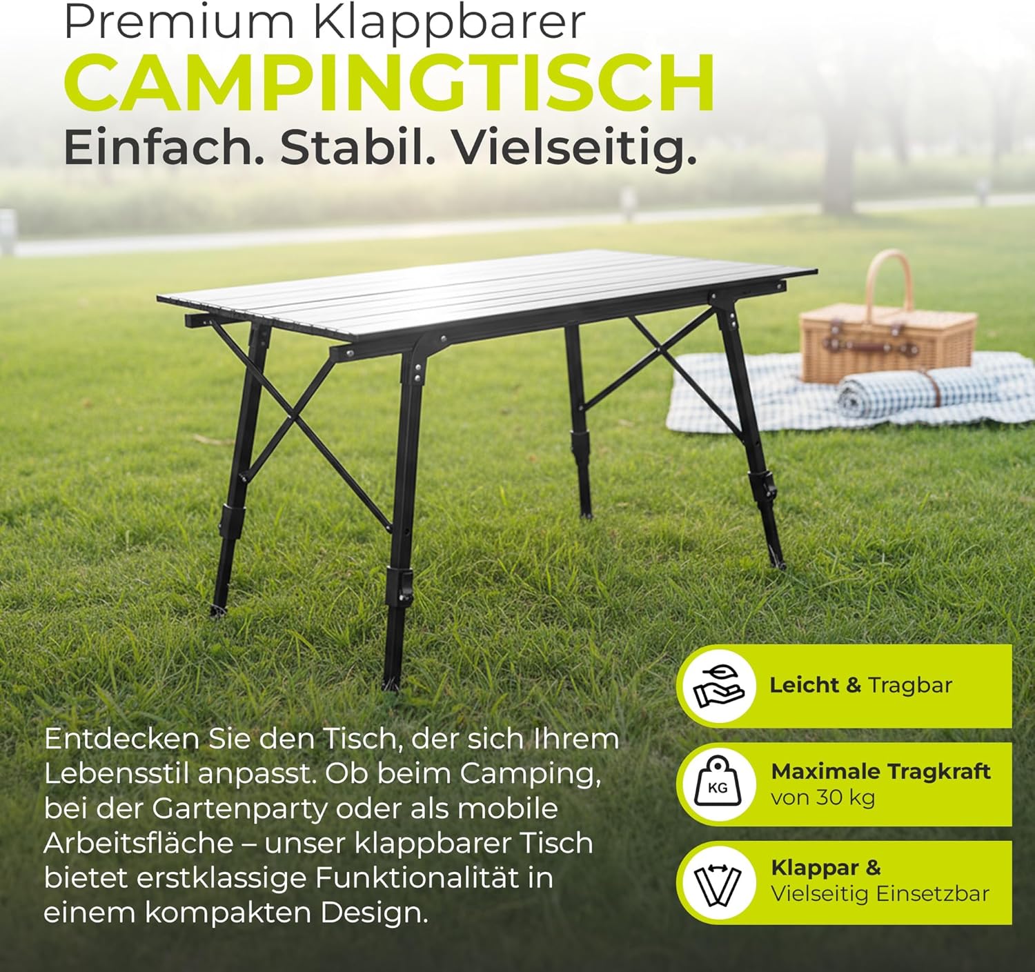 Faltbarer Campingtisch aus Aluminium mit Rollplatte & Tasche