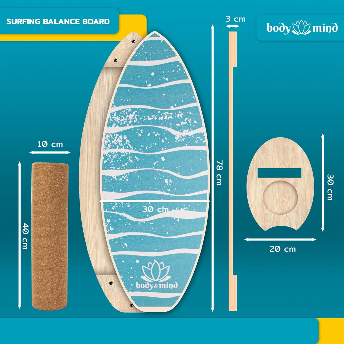 Balance-Board Surfbrett mit Korkrolle & Ständer – Fitness Board 80 cm
