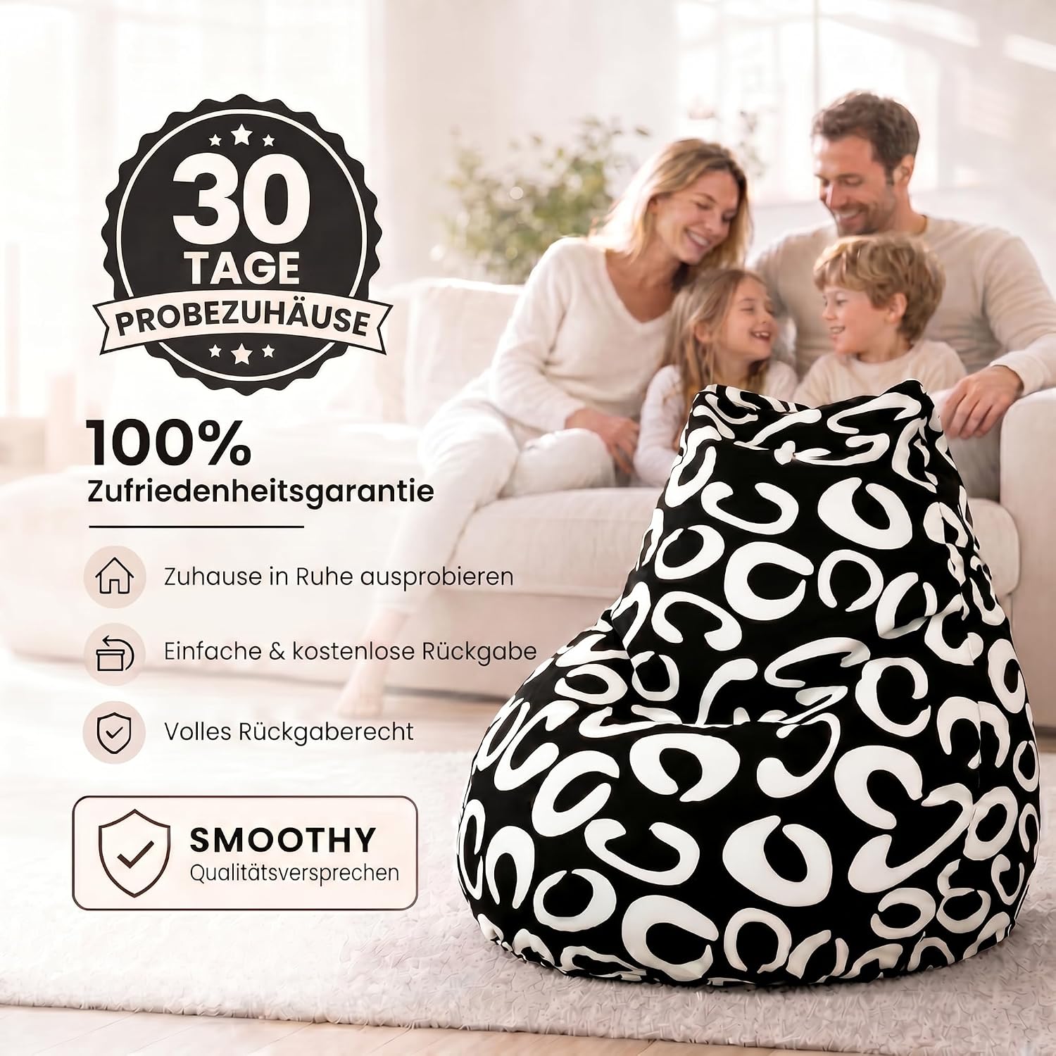 SMOOTHY Sitzsack XXL – Beany Lounge Chair für Erwachsene – Schwarz