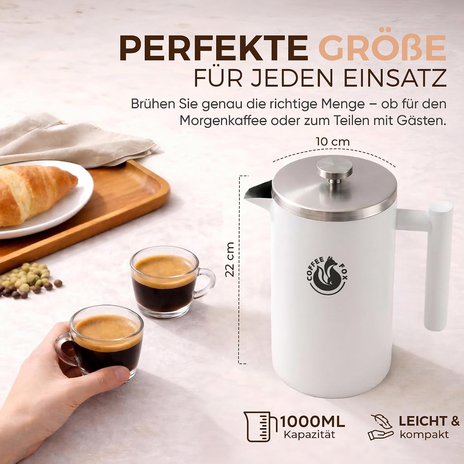 Coffee Fox French Press 1000ml – Doppelwandige Edelstahl Kaffeekanne