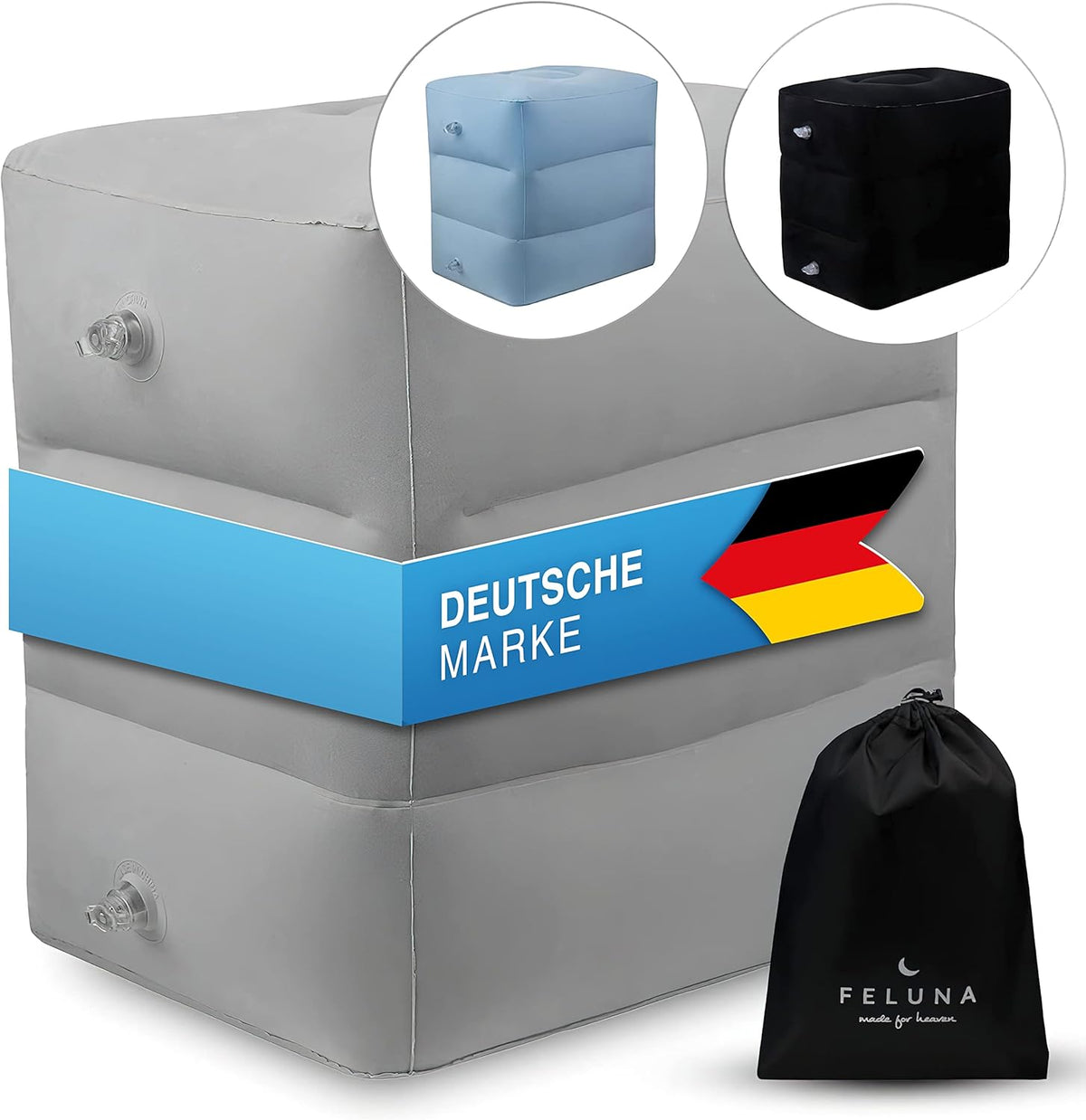Farbübersicht mit grauem Reisekissen sowie Blau und Schwarz #Farbe_Uebersicht