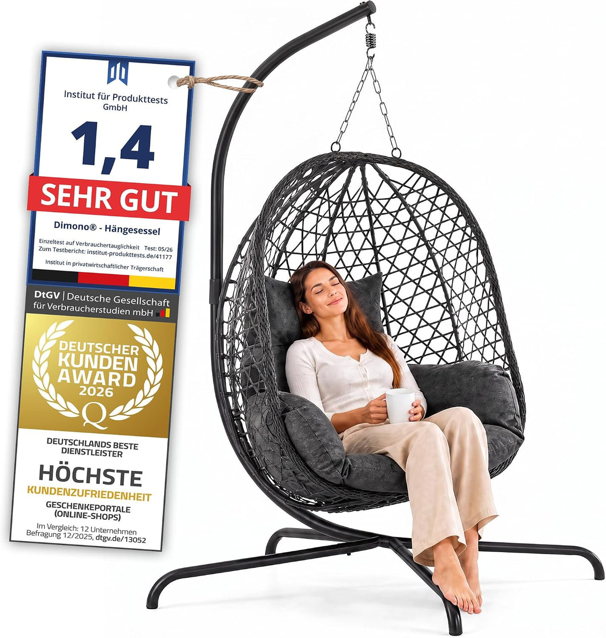 Schwebeliege mit Gestell - Freischwingender Hängesessel aus Rattan