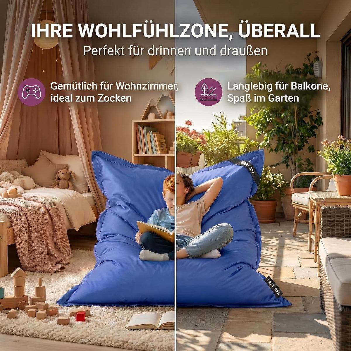 LazyBag Outdoor Sitzsack Junior – Wasserfestes Sitzkissen für Kinder #Farbe_Blau