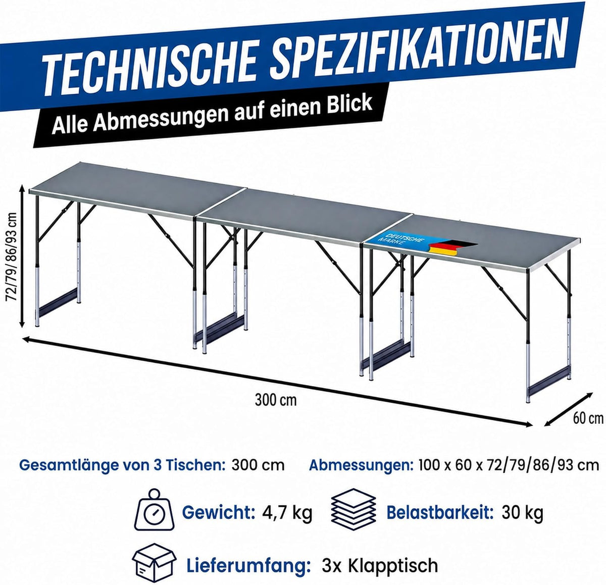Multifunktions-Klapptisch 3er Set – Höhenverstellbar & Faltbar