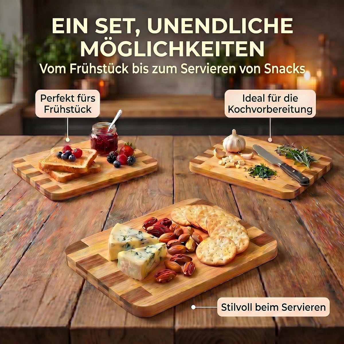 Bambus-Schneidebrett 3er Set mit Ständer – Robust & Klingenschonend