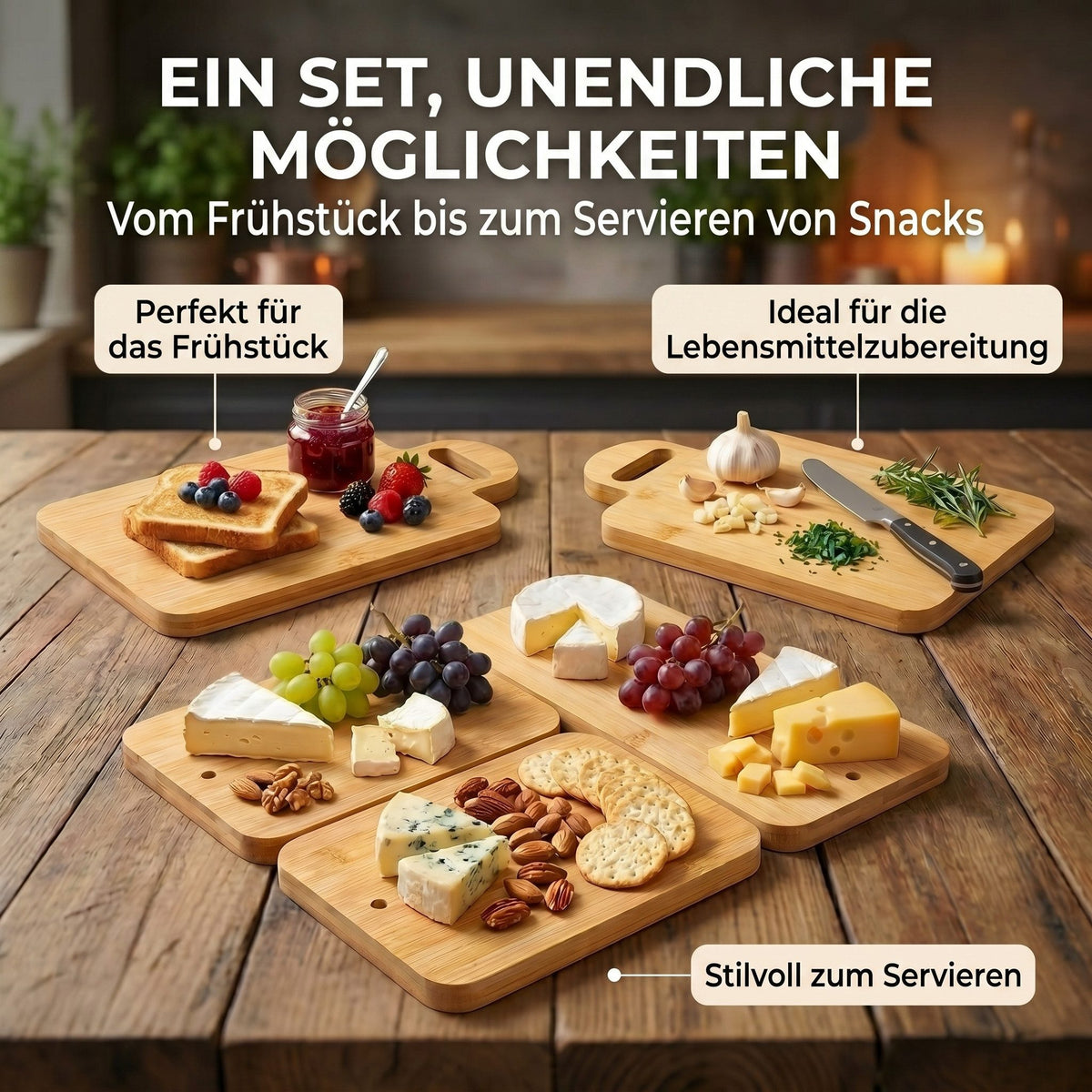 Bambus-Frühstücksbrettchen 6er Set mit Ständer – Klingenschonend – PT04