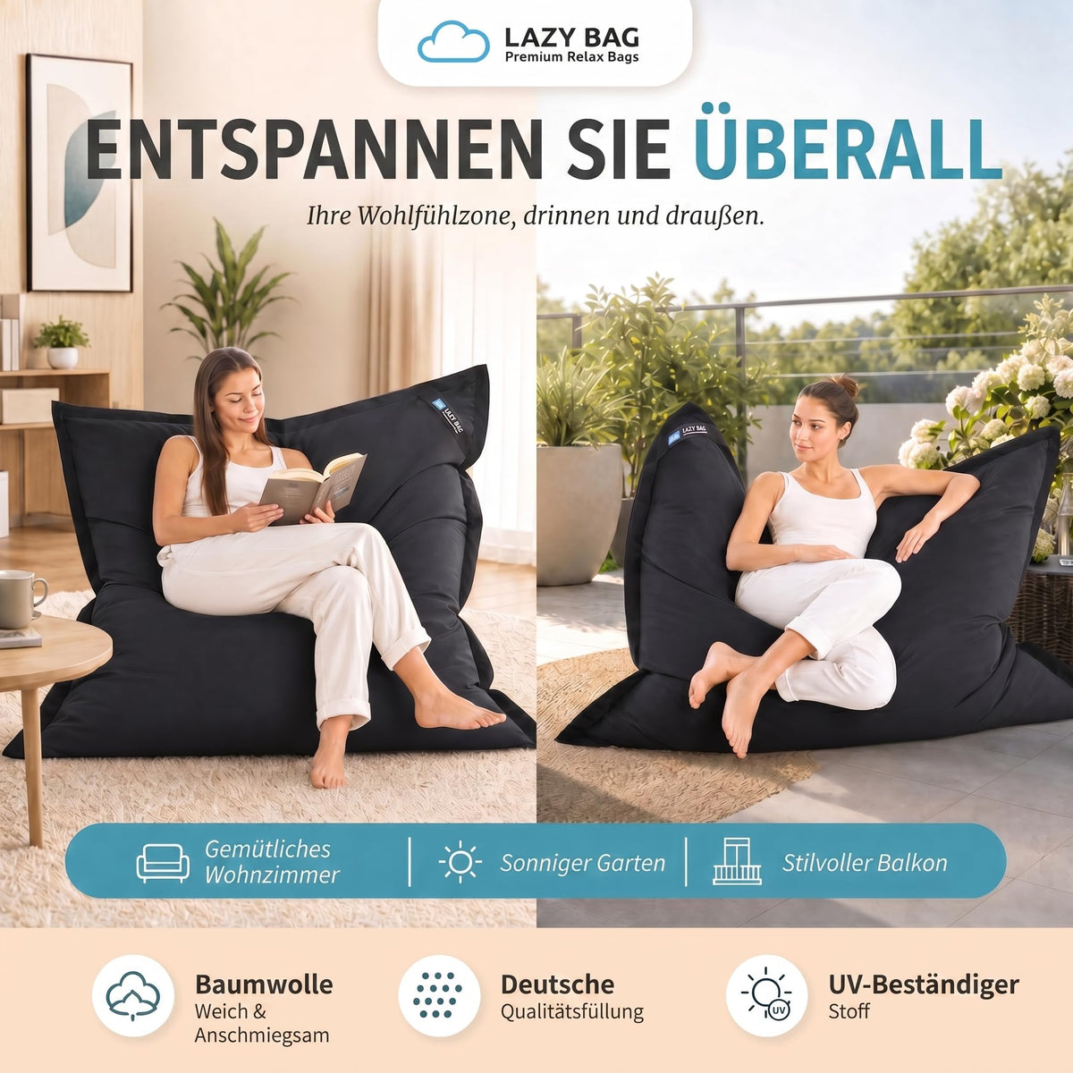 LazyBag XXL Sitzsack 180x140 cm aus Baumwolle – Schwarz – PT01 #Variante_Schwarz
