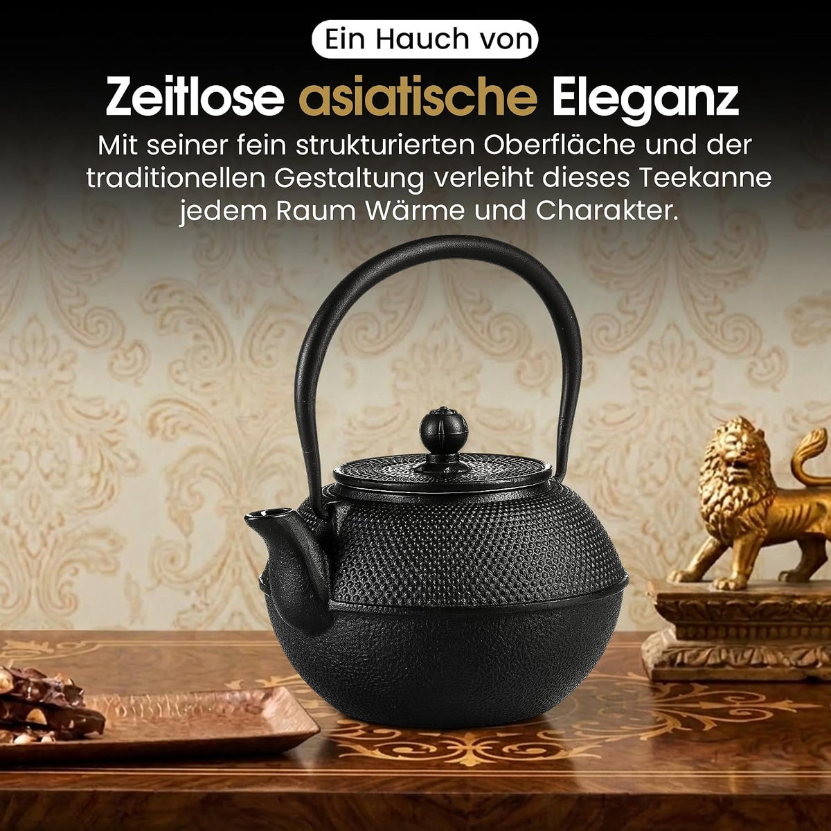 Teekanne aus Gusseisen 1,3l mit Sieb - Schwarz & Emailliert