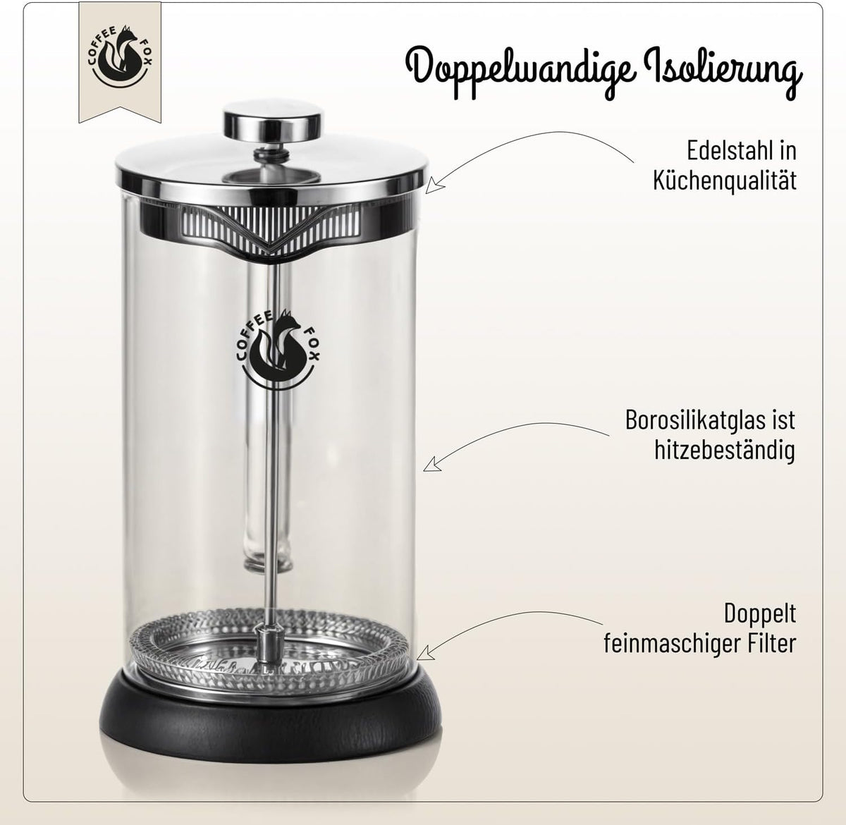 French Press Glas 1L - Kaffeebereiter für intensives Aroma