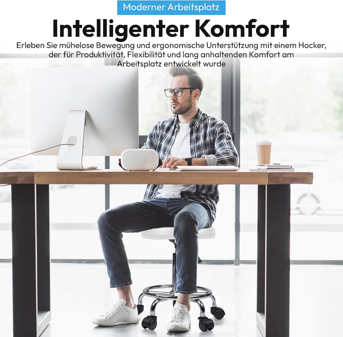 Ergonomischer Rollhocker - Drehbarer Arbeitshocker für Büro & Praxis