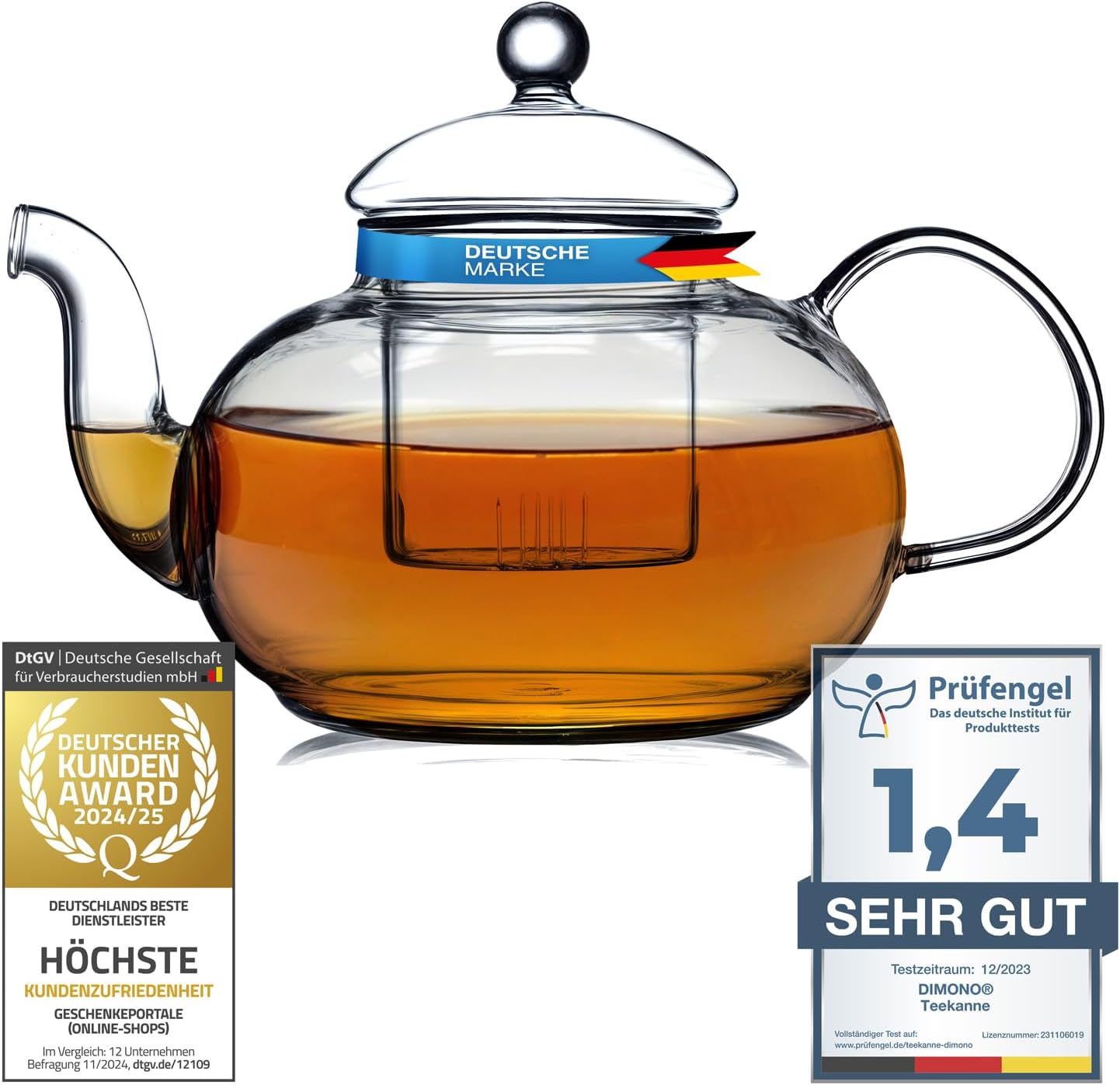 Dimono Teekanne 1500 ml aus Borosilikatglas mit feinem Teesieb