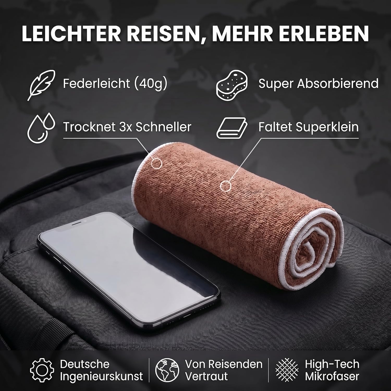 Mikrofaser Reisehandtuch Braun 80x40 cm - Schnelltrocknend & Kompakt