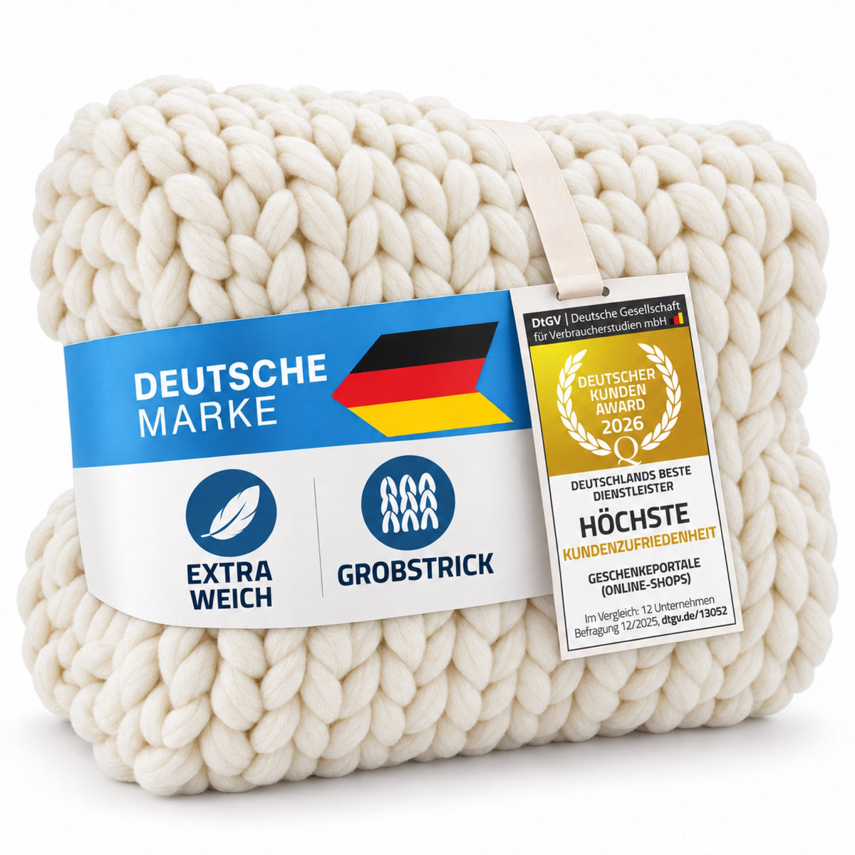 Grobstrickdecke Weiß 180 x 120 cm, cremeweiße Decke mit integrierter Banderole #Farbe_Weiß