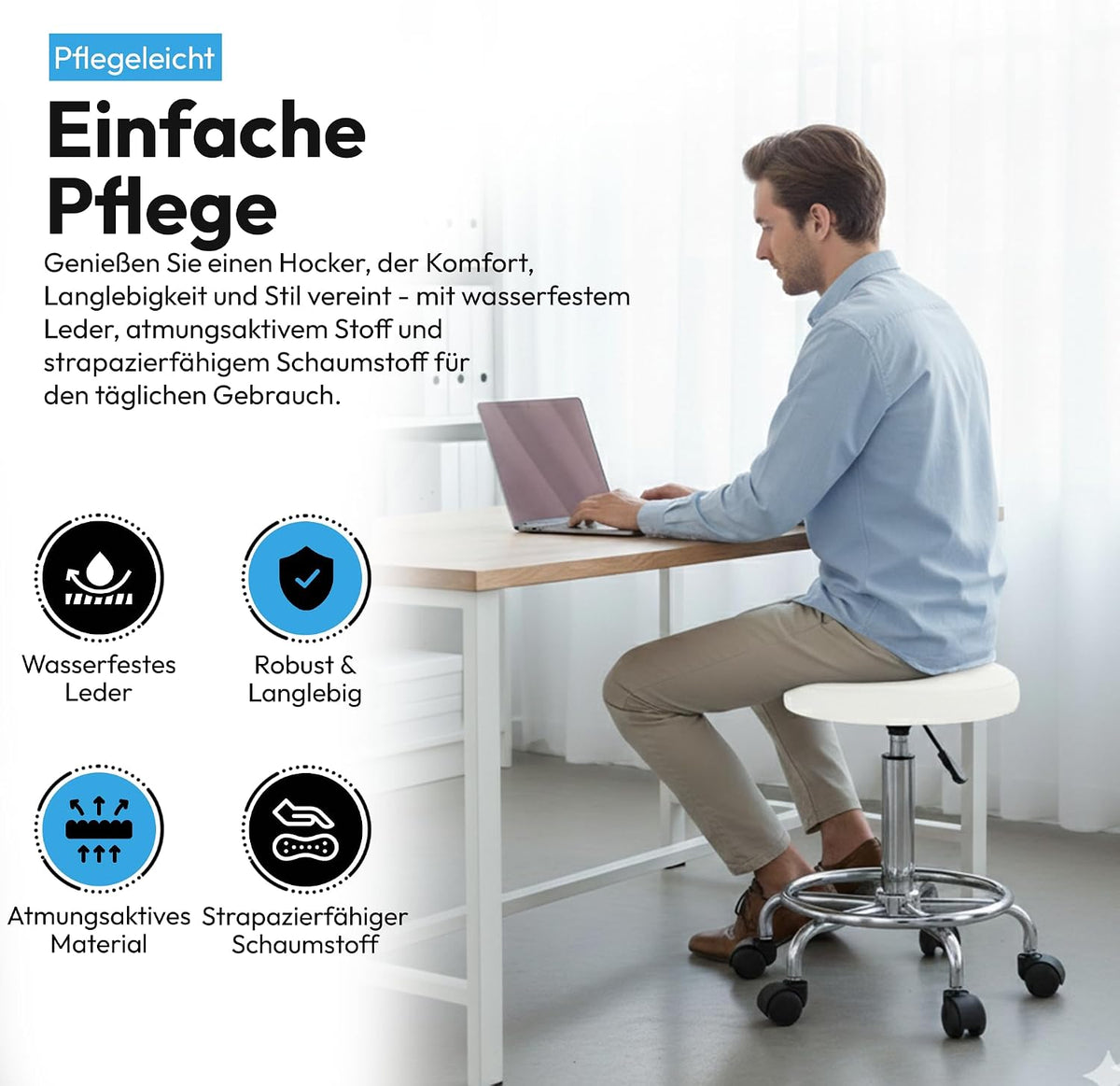 Ergonomischer Rollhocker - Drehbarer Arbeitshocker für Büro & Praxis