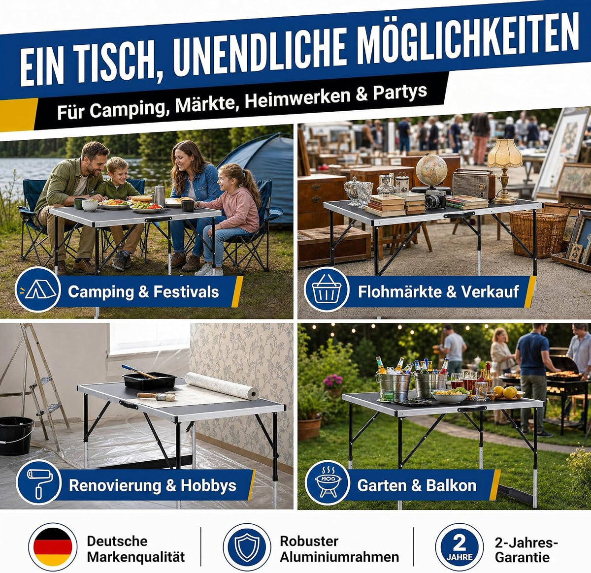 Multifunktions-Klapptisch 3er Set – Höhenverstellbar & Faltbar