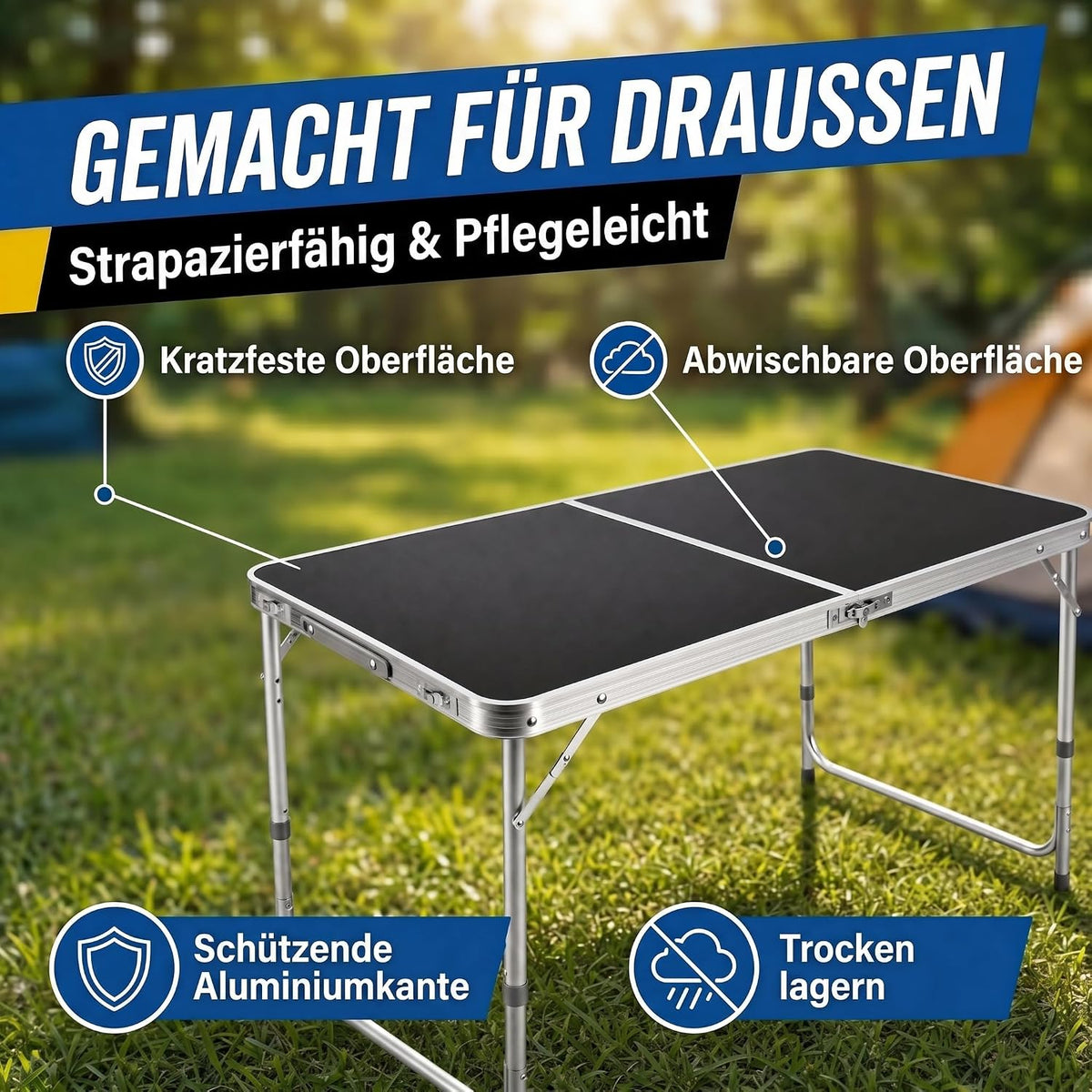 Klapptisch 120x60cm - Höhenverstellbarer Campingtisch Faltbar