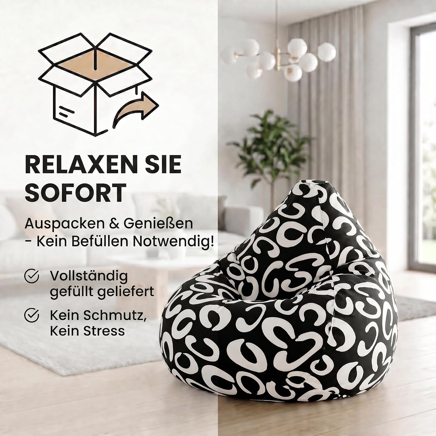 SMOOTHY Sitzsack XXL – Beany Lounge Chair für Erwachsene – Schwarz