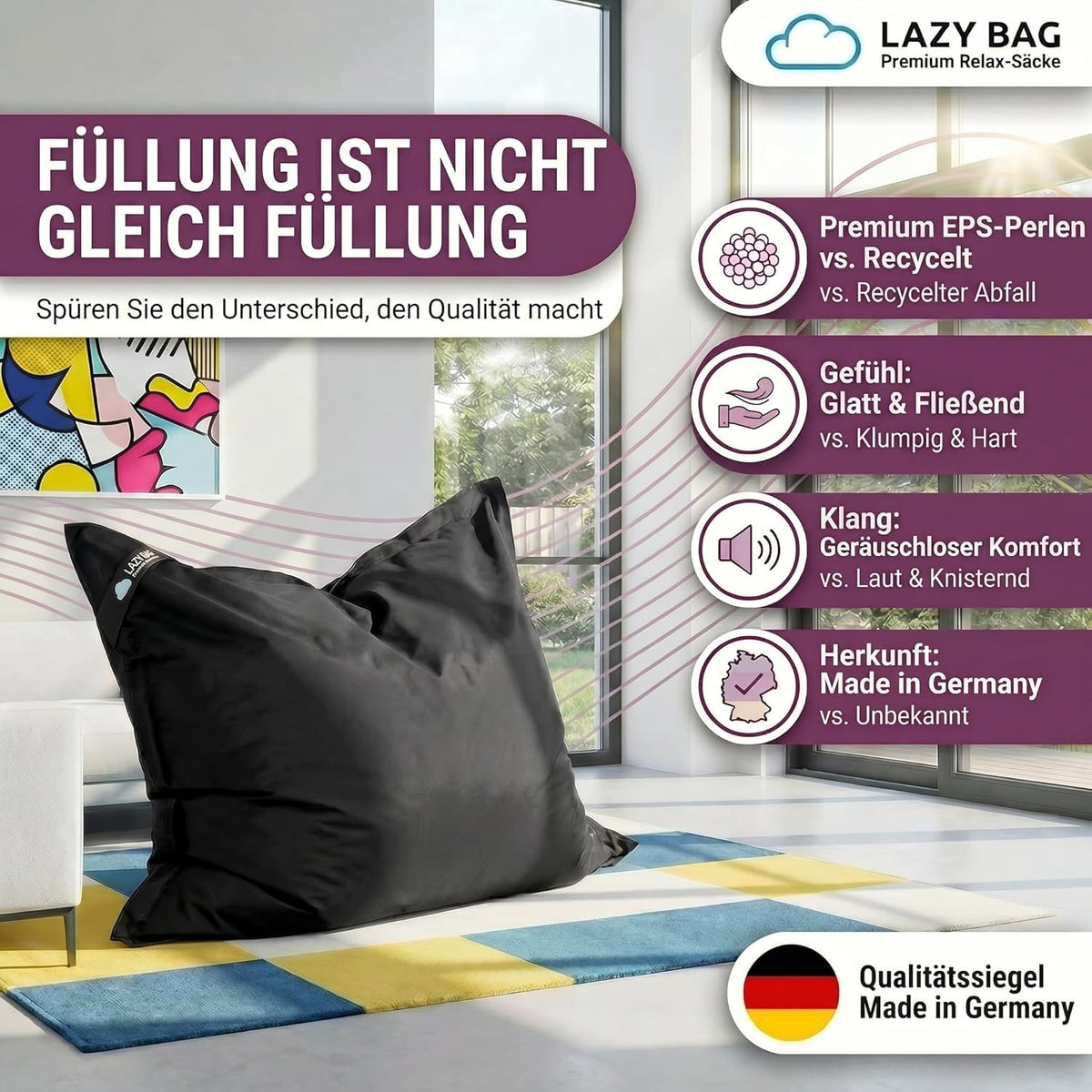 LazyBag Outdoor Sitzsack Junior – Wasserfestes Sitzkissen für Kinder #Farbe_Schwarz