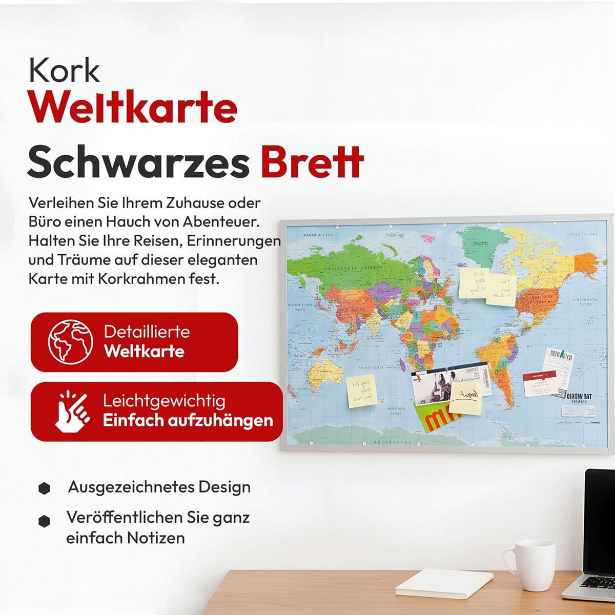 Weltkarte Pinnwand 90x60 cm Kork - Memoboard mit Markierungsfähnchen