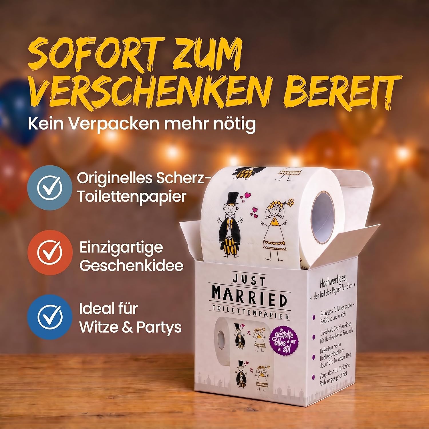 Just Married Toilettenpapier - Lustiges Hochzeitsgeschenk