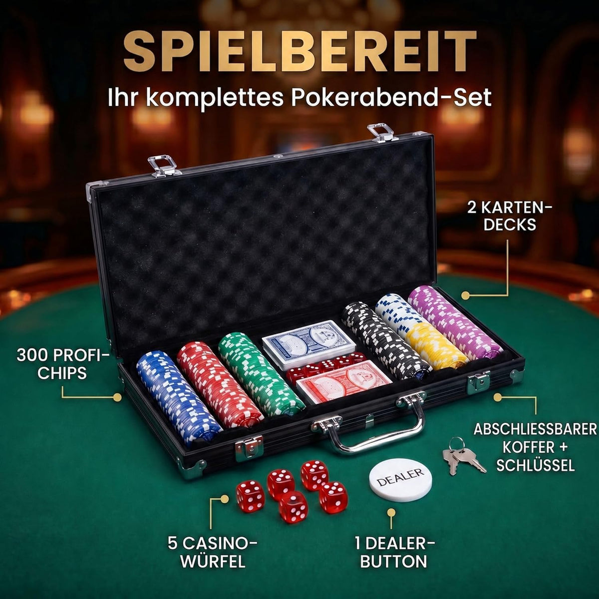 Profi Pokerset mit 500 Chips & Alu-Koffer – Casino-Feeling für Zuhause
